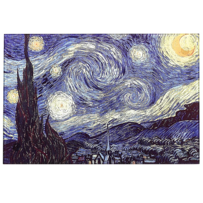 Menesia Tempered Glass Cutting Board for Kitchen  Van Gogh Design Blue Starry  Small Heat Resistant and Dishwasher Safe Chopping Board (Small 8x12inch) - Image 1
